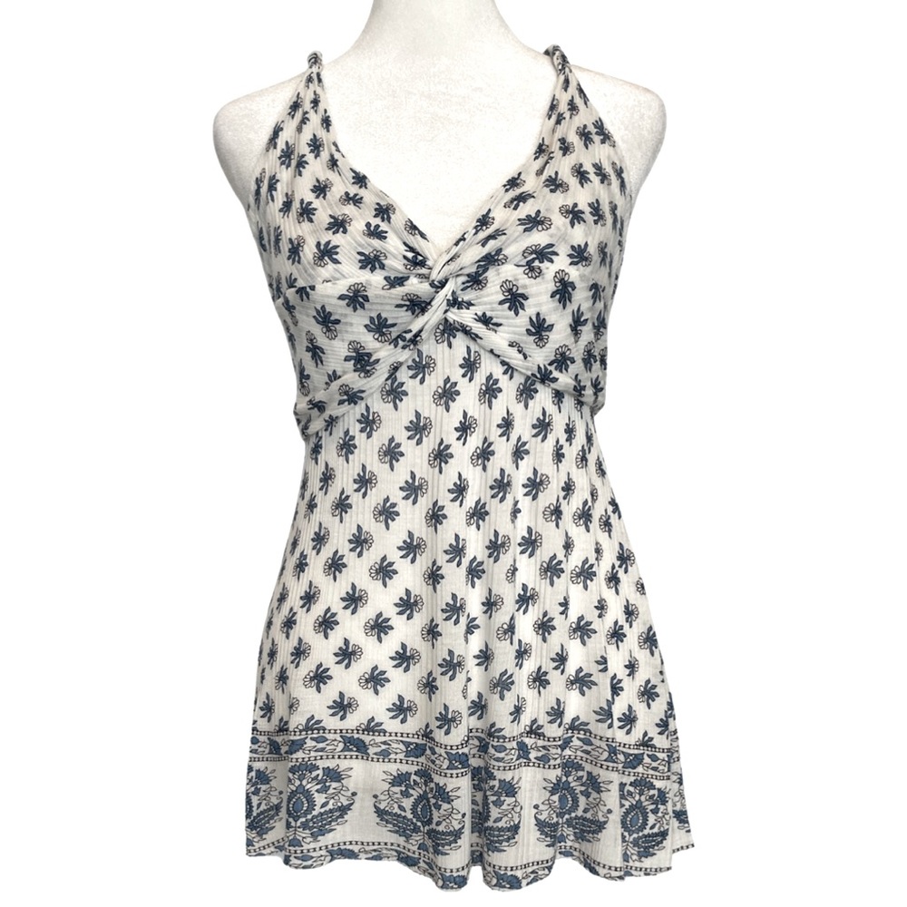 Free People White and Blue Patterned Tank Top